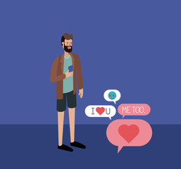 man chating with smartphone and set speech bubbles and emoticons