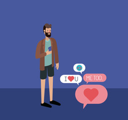 man chating with smartphone and set speech bubbles and emoticons