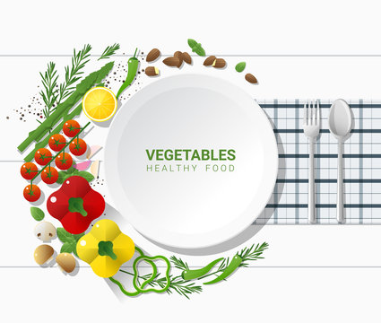 Flat lay Fresh vegetables on white table background, healthy food concept, vector, illustration