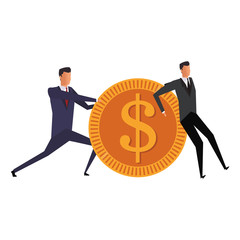 Businessmens pushing and holding a coin vector illustration graphic design