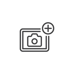 Photo camera add outline icon. linear style sign for mobile concept and web design. Camera with plus sign simple line vector icon. Symbol, logo illustration. Pixel perfect vector graphics