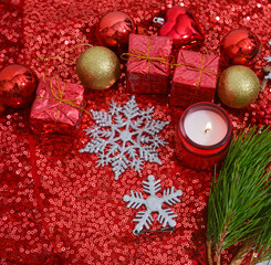 christmas decorations with fir tree,candle on Sequins on Fabric, red Beads, Sequins or Beads