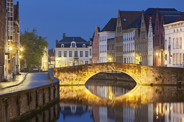 Canal Bridge In Bruges At Night