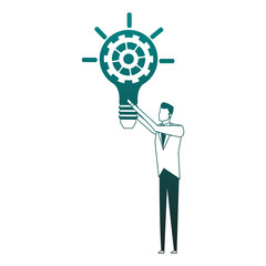 Businessman holding bulb with gear inside vector illustration graphic design