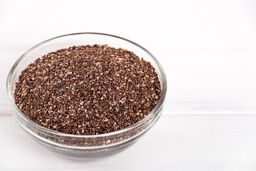 Chia seeds. Chia word made from chia seeds. Selective focus