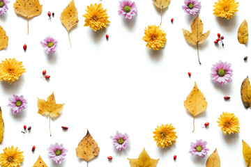 Autumn Pattern With Colorful Flowers And Yellow Leaves On White Background