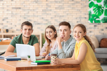 Group of teenagers with laptops studying indoors