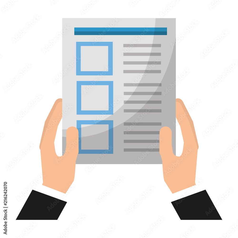 Sticker business man hand holding paper documents report vector illustration