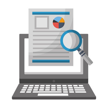 laptop with document report magnifying glass vector illustration