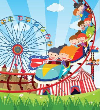 Children riding roller coaster