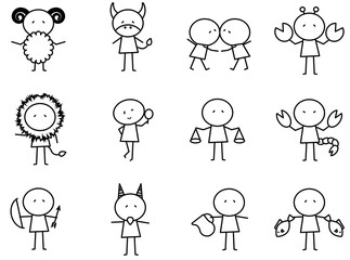 Set of Cartoon simple line charactor in Zodiac icon concept for vector graphic design
