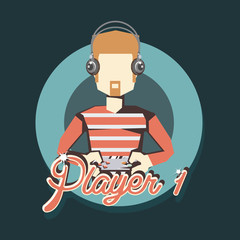 retro videogames, player 1 design with avatar man with headphones and gamepad over blue background, colorful design. vector illustration