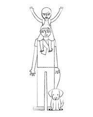 father carrying her daughter on shoulders and holding dog vector illustration hand drawing