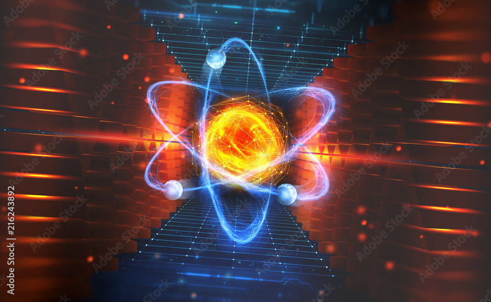 Poster Creation of artificial intelligence. Experiments with the hadronic collider. Investigation of the structure of an atom. 3D illustration of an innovative breakthrough in science