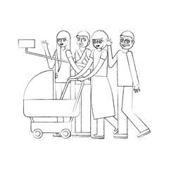 grandparents and parents with pram baby making selfie vector illustration hand drawing