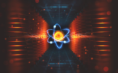 Creation of artificial intelligence. Experiments with the hadronic collider. Investigation of the structure of an atom. 3D illustration of an innovative breakthrough in science