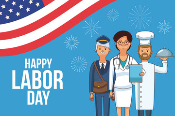 Happy labor day card with people professions and jobs cartoons vector illustration graphic design