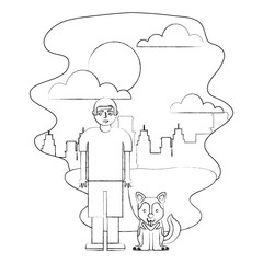 young boy with her siberian husky dog in the park city vector illustration hand drawing