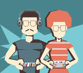 retro videogame design with man and woman playing videogames over blue background, colorful design. vector illustration