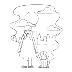 little girl with pet dog in the street city vector illustration hand drawing