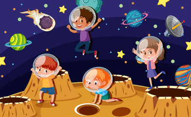 Children astronauts on a planet