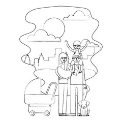 dad daughter and mom holding baby and dog in the park vector illustration hand drawing