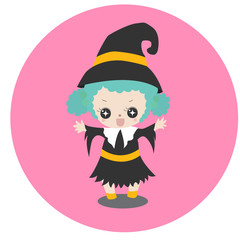 Cute kid witch in green curly hair is very excited. Character design. Happy children in halloween costume concept. Vector illustration.