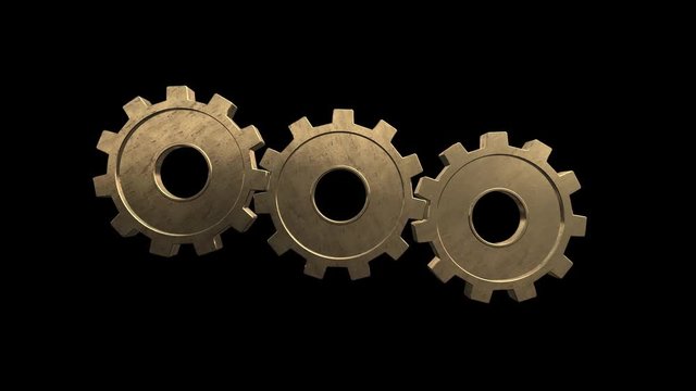 Rotating metal gears . Black background. Alpha channel
