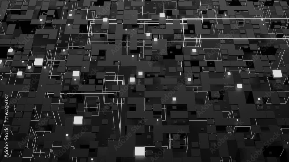 Poster 3d render abstract background. complex digital wall with random elements. square geometry with brigh
