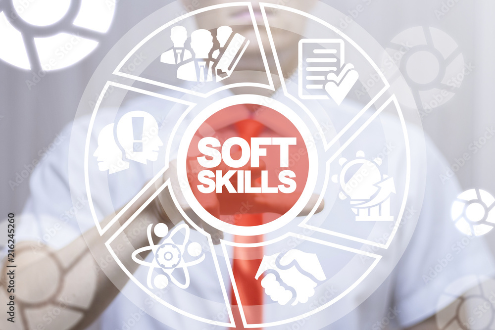 Poster manager (businessman) clicks a soft skills words button on a virtual panel. soft skills training and