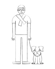 man standing near her schnauzer dog