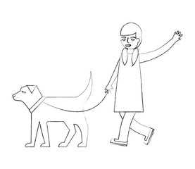 little girl walking with her dog pet