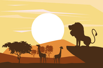 Fototapeta na wymiar Lion and giraffes african animals silhouetttes at savanna vector illustration graphic design