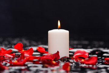 Still life with red rose ,petals with candle and therapy stones 