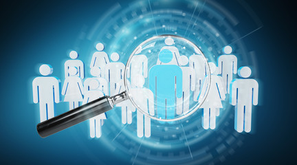 Magnifying glass recruiting people illustration 3D rendering