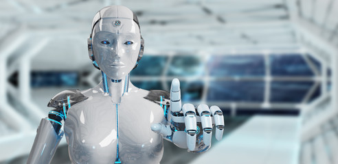 White woman cyborg pointing her finger 3D rendering