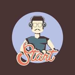 retro videogames design with avatar man with headphones and gamepad  over brown background, colorful design. vector illustration