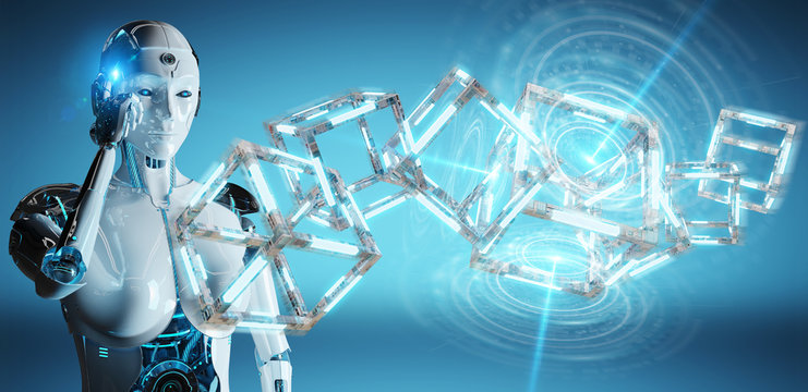 White robot creating future technology structure 3D rendering