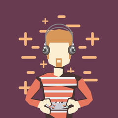 retro videogames design with avatar man with headphones and gamepad  over purple background, colorful design. vector illustration