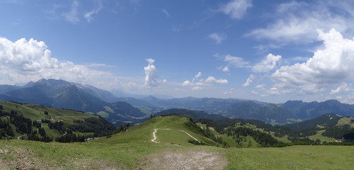 View from Zwieselalmhoehe on Russbach and Gosau, Salzkammergut, Austria