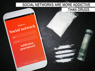 social network is more addictive than drugs. blogging sharing internet communication concept. top...