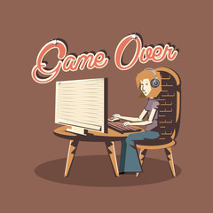 retro videogame design with woman playing videogames on computer over brown background, colorful design. vector illustration