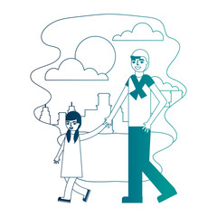 father holding hand her daughter walking together in the park city