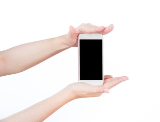 Concept of woman's hand holding a smartphone isolated on white background, clipping path, blank for webpage or message.