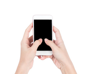 Concept of woman's hand holding a smartphone isolated on white background, clipping path, blank for webpage or message.