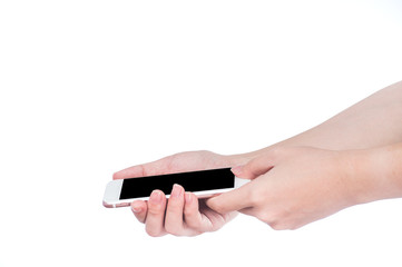 Concept of woman's hand holding a smartphone isolated on white background, clipping path, blank for webpage or message.