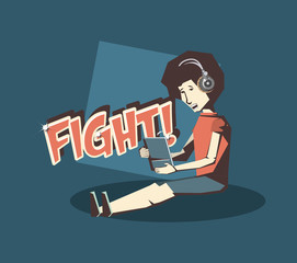 retro videogames design with avatar man playing with portable videogame over blue background, colorful design. vector illustration