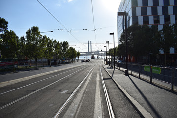 Street with tramway  in the morning no people Melbourne, Australia 2016