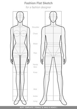 Body template Fashion FLAT SKETCHES technical drawings FEMALE & MALE 8 HEADS	