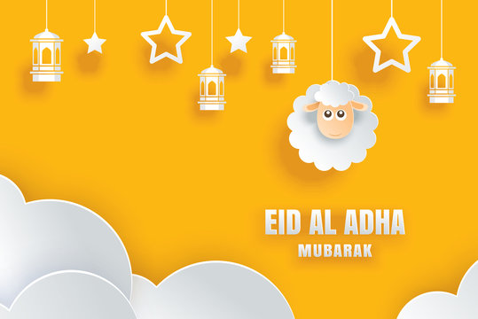 Eid Al Adha Mubarak celebration card with sheep in paper art yellow background. Use for banner, poster, flyer, brochure sale template.